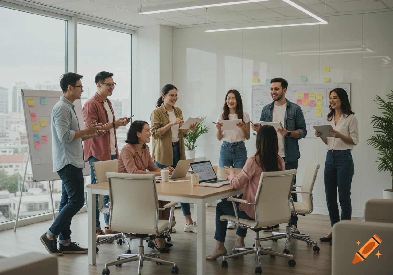 A diverse young business team in casual clothes discusses work in a bright, modern conference room with whiteboards and laptops.