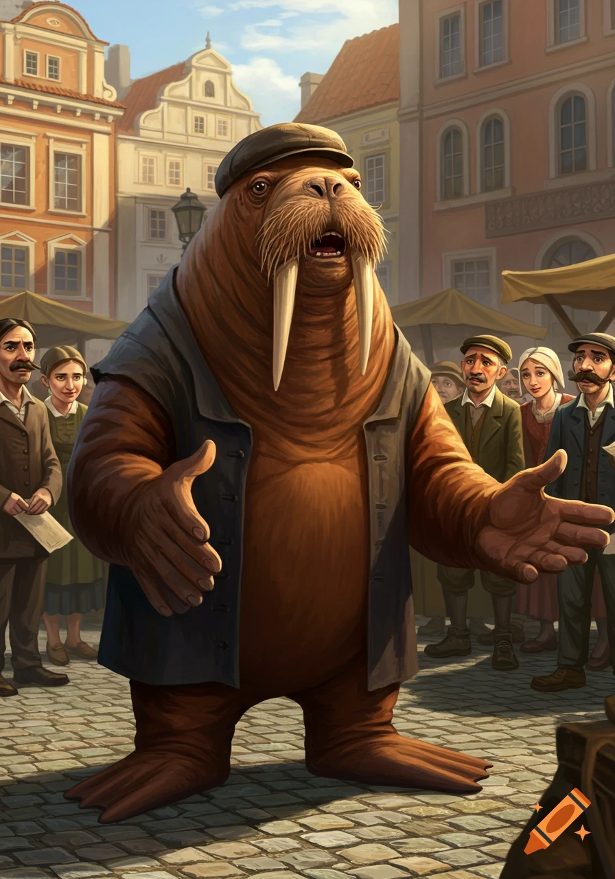 An anthropomorphic walrus in a cap and coat stands gesturing in a busy town square, surrounded by onlookers.