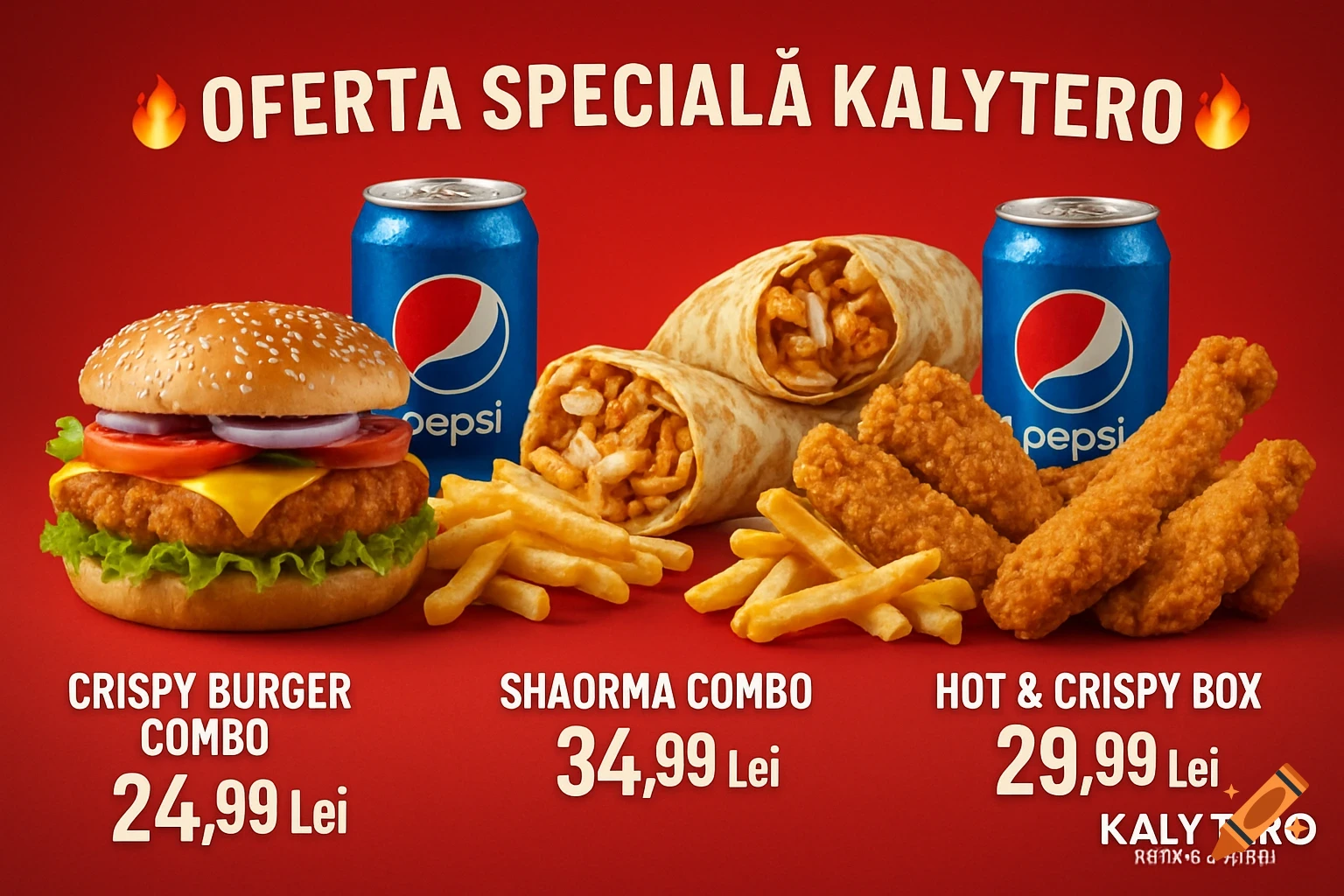 A vibrant red fast-food advertisement featuring a crispy burger combo, shaorma combo, and hot & crispy box, each with fries and a Pepsi. Promotional text 'OFERTA SPECIALĂ KALYTERO' is at the top, and prices are displayed below each combo.