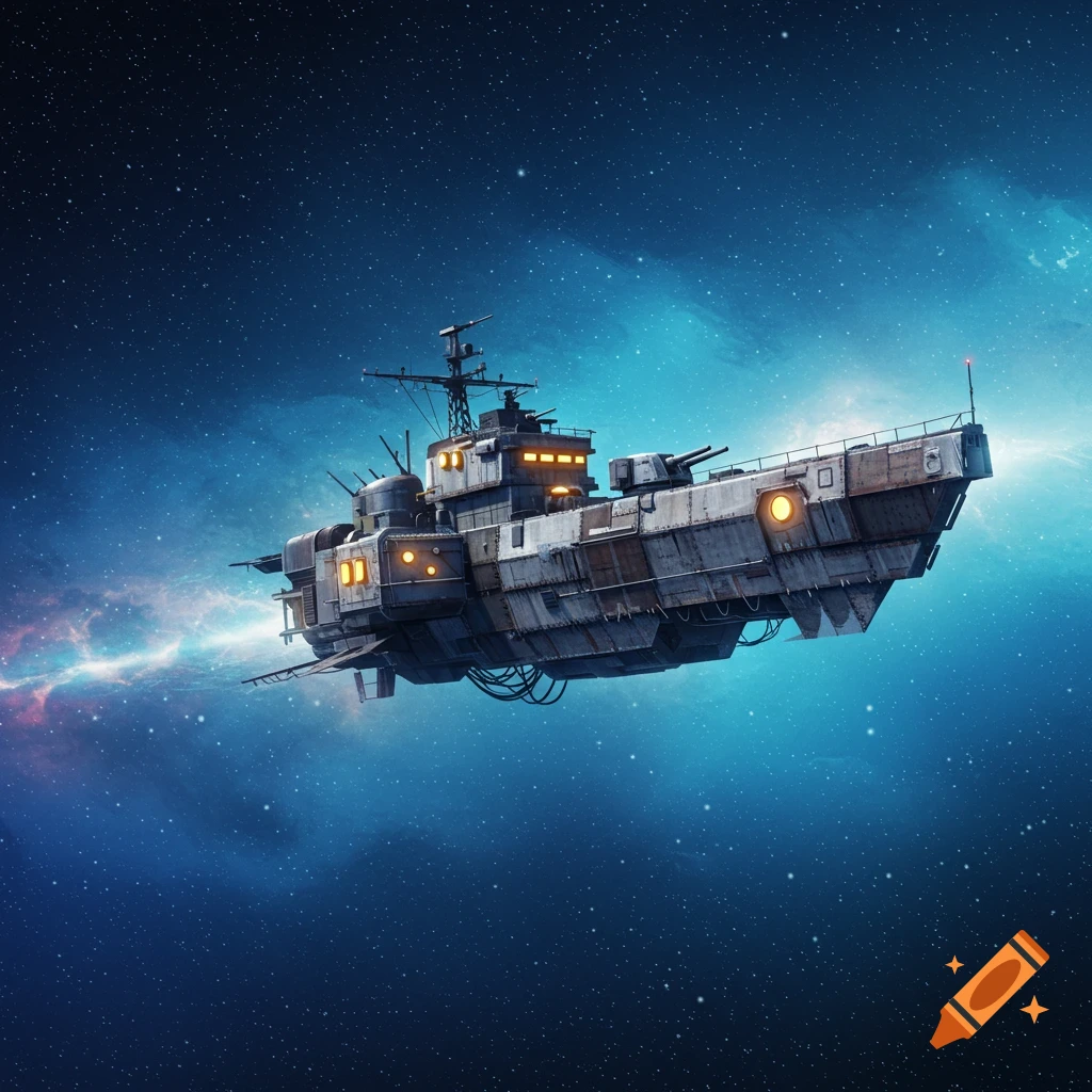 A detailed, jerry-rigged science fiction warship floats through a starry blue and purple nebula in space.