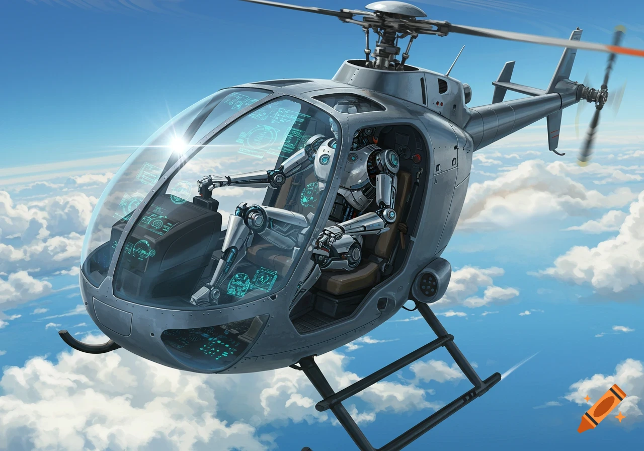 A detailed illustration of a metallic robot piloting a grey helicopter through a bright blue, cloudy sky.