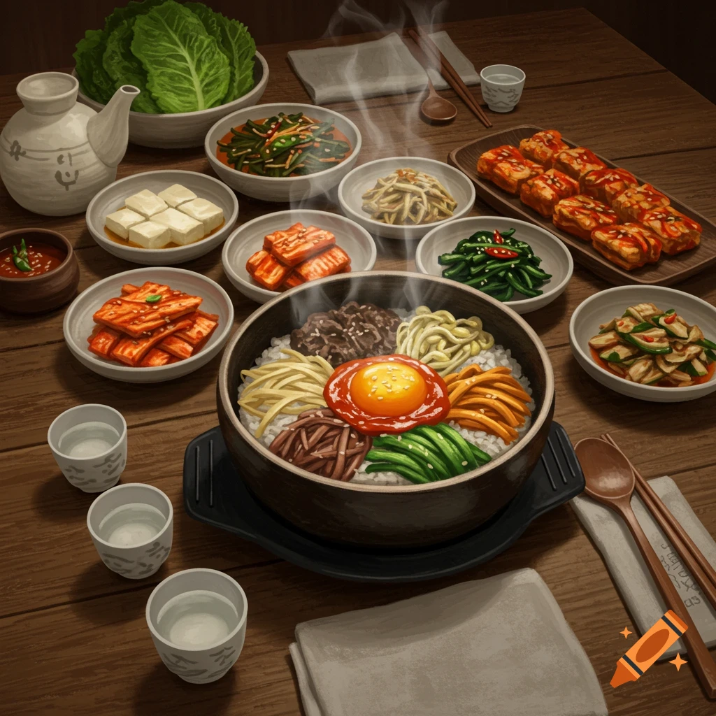 A vibrant spread of traditional Korean dishes on a wooden table, featuring a steaming bibimbap bowl, kimchi, and various banchan.