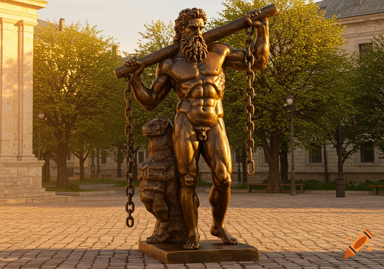 Bronze statue of a muscular, bearded man holding a large club with chains, beside a mythical creature in a sunny plaza.
