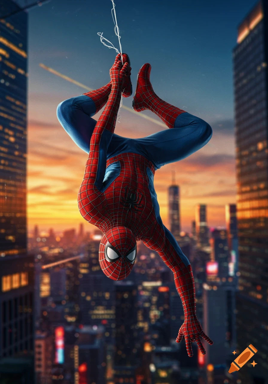 Spider-Man hangs upside down from a web against a vibrant sunset cityscape.