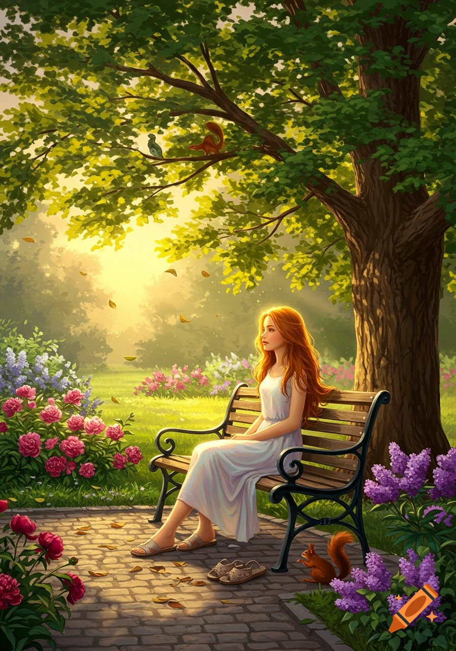 Illustrated red-haired girl in a white dress sits on a park bench under a tree, surrounded by blooming flowers and squirrels.