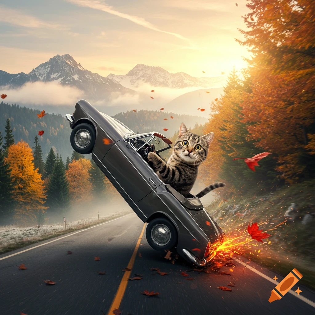 A wide-eyed tabby cat drives a vintage car on two wheels, sparking on an autumn mountain road as leaves fly.