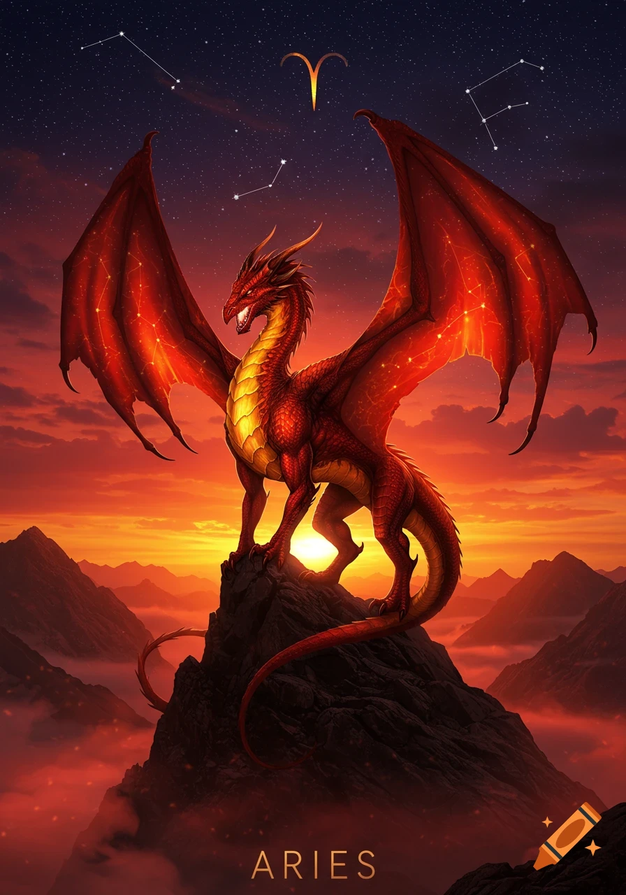 A majestic red dragon with glowing wings on a mountain peak at sunset, with the Aries zodiac symbol and text.