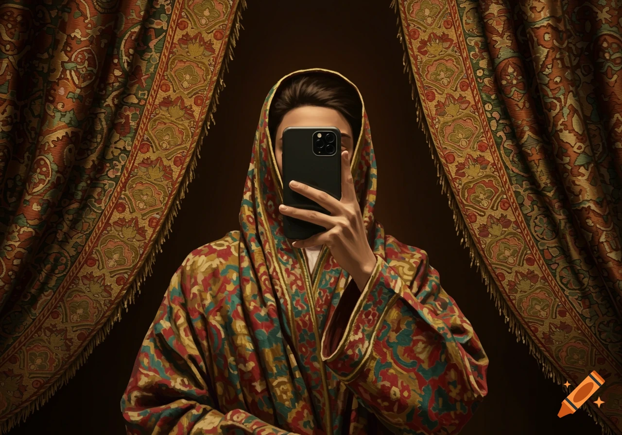 A person in a colorful, patterned traditional robe holds a smartphone to obscure their face, taking a selfie against a backdrop of ornate curtains.