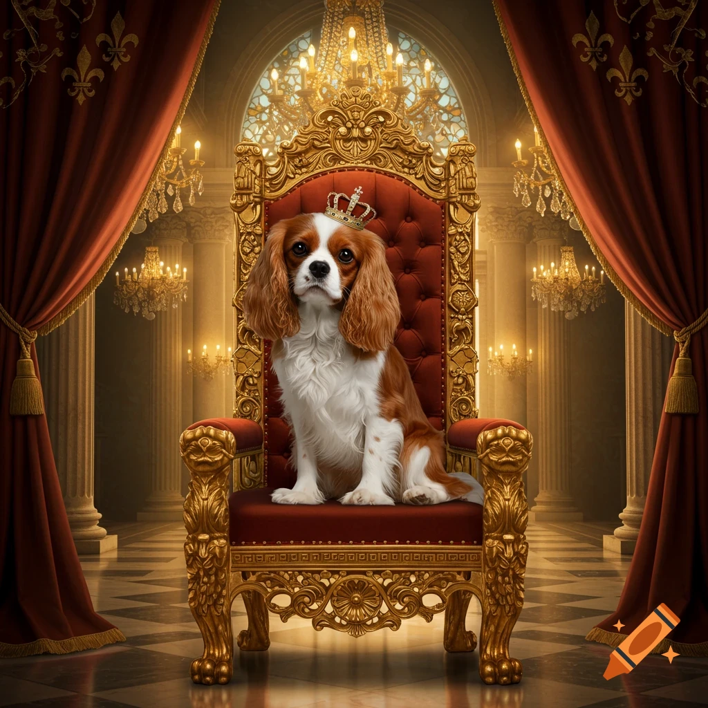 Cavalier King Charles Spaniel with a crown sits on a gold and red throne in an opulent royal chamber.