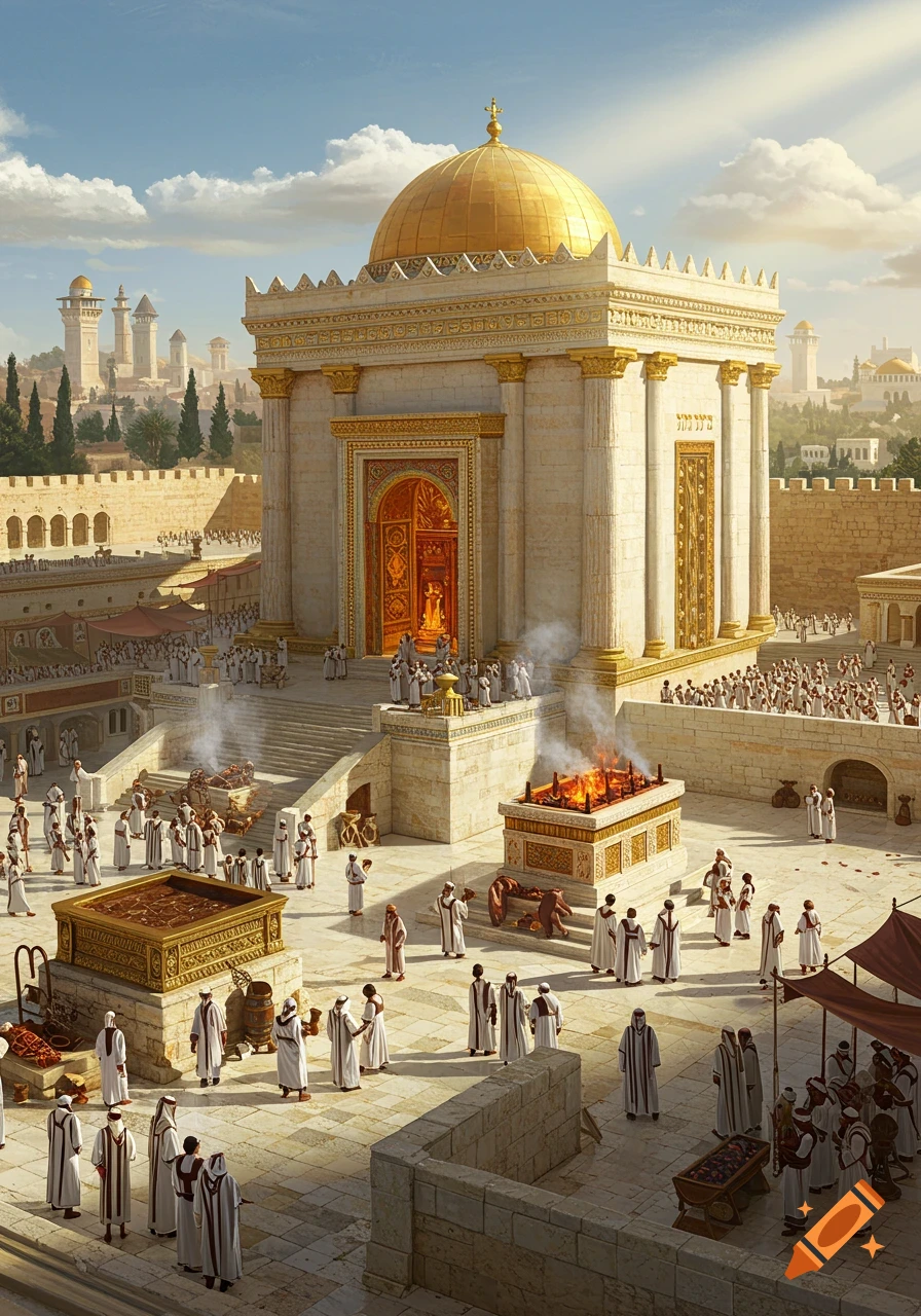 A detailed, bright depiction of the Second Temple in ancient Jerusalem with priests performing rituals around a large burning altar.