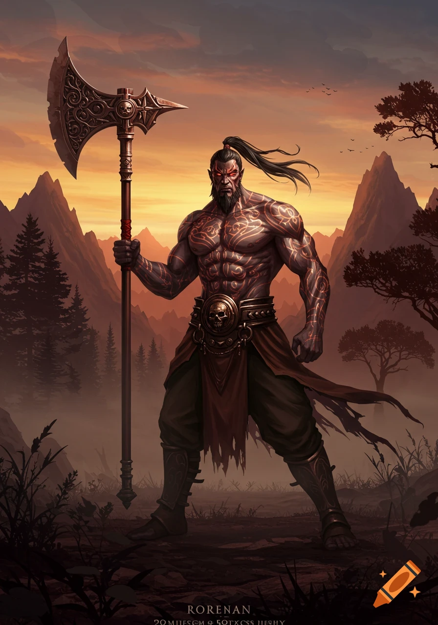 Muscular barbarian with glowing red eyes and tribal tattoos stands holding a massive ornate axe in a sunset mountain landscape.