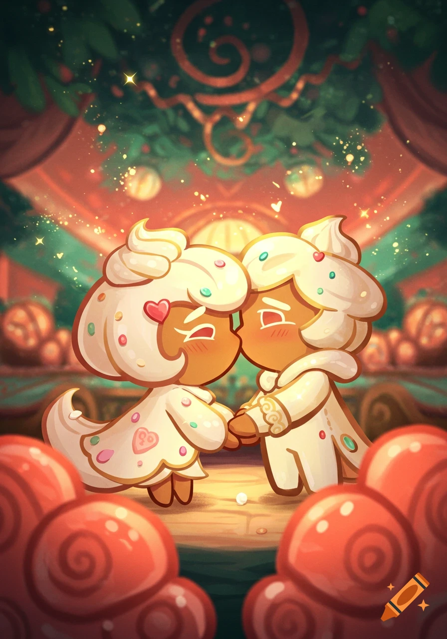 Two white cookie characters with sprinkles hold hands, leaning in for a kiss in a warm, festive, glittery setting, cartoon style.