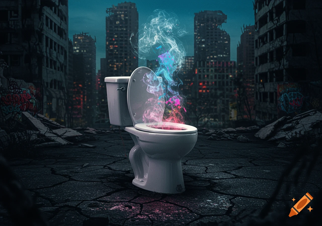 A white toilet glows with vibrant pink and blue smoke in a cracked, ruined street with bombed-out buildings under a dark sky.