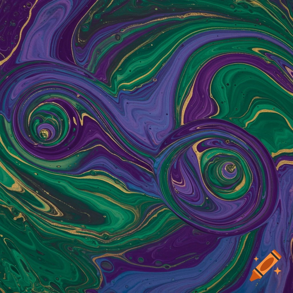 Swirling liquid marble abstract pattern in purple, green, blue, and gold.