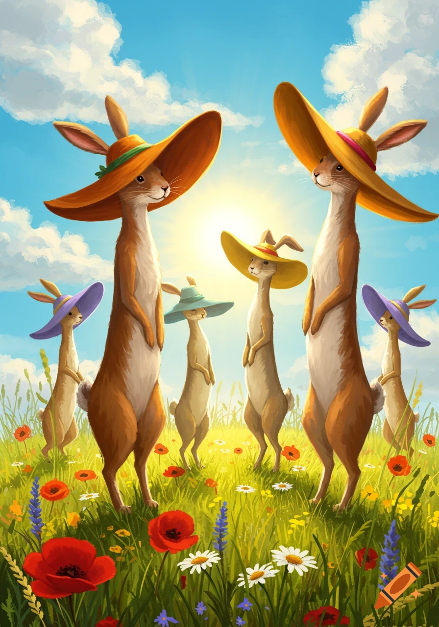 Several tall, skinny rabbits in colorful hats stand in a vibrant, sunny field with wildflowers.