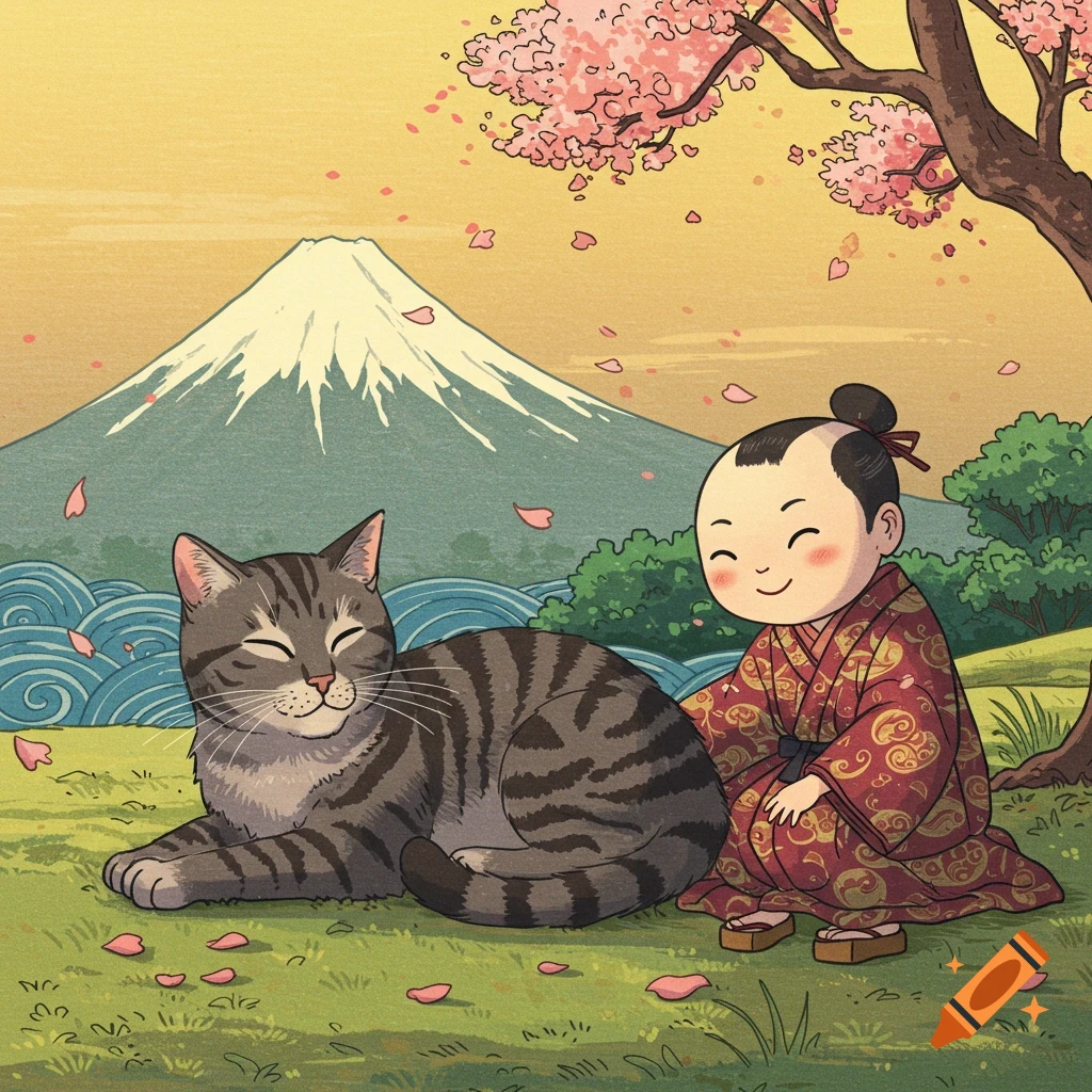 A Hokusai-inspired illustration of a child petting a tabby cat with Mount Fuji and cherry blossoms in the background.