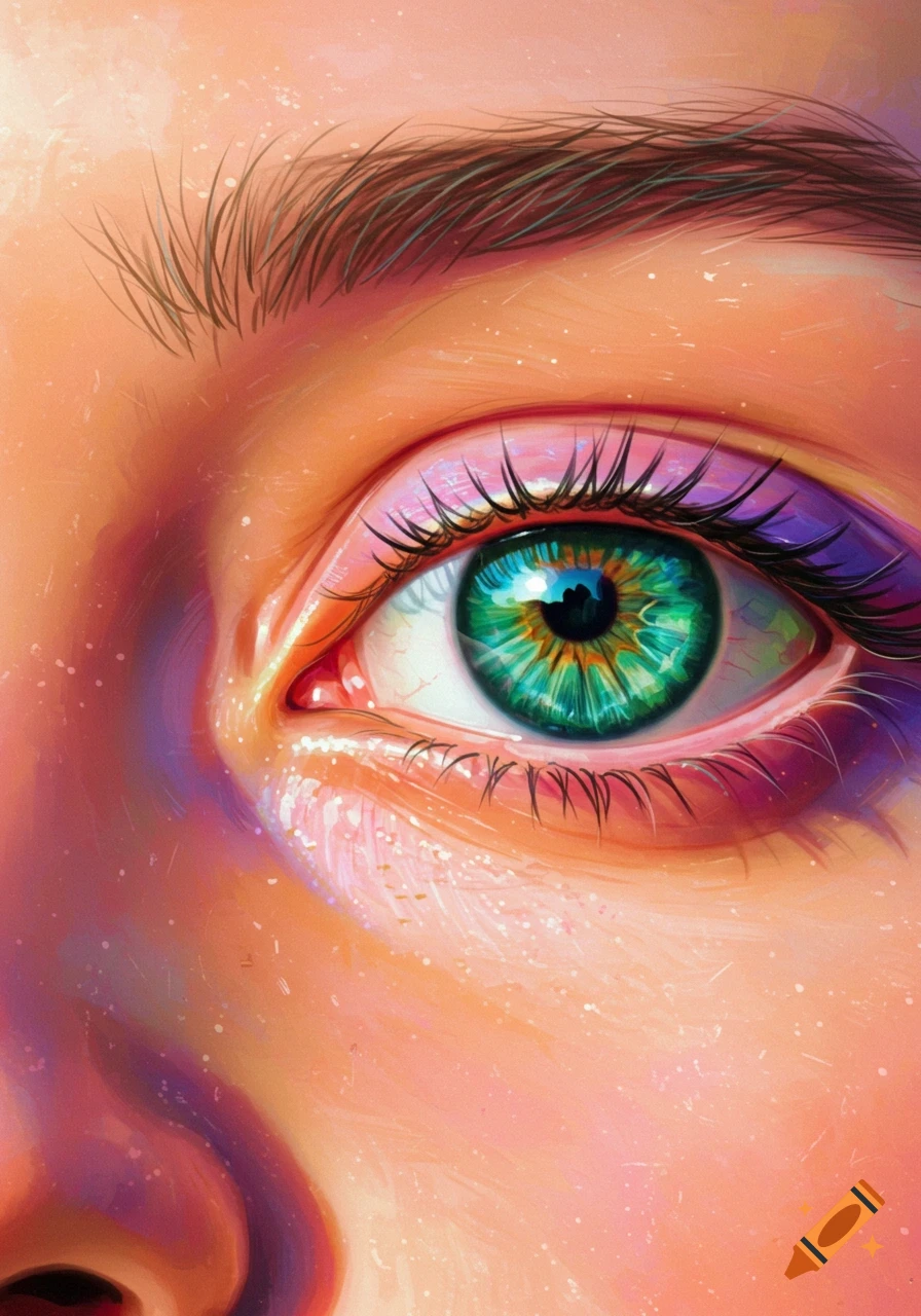 A vibrant, artistic close-up of a human eye with a green iris and colorful makeup, detailed and sparkling.
