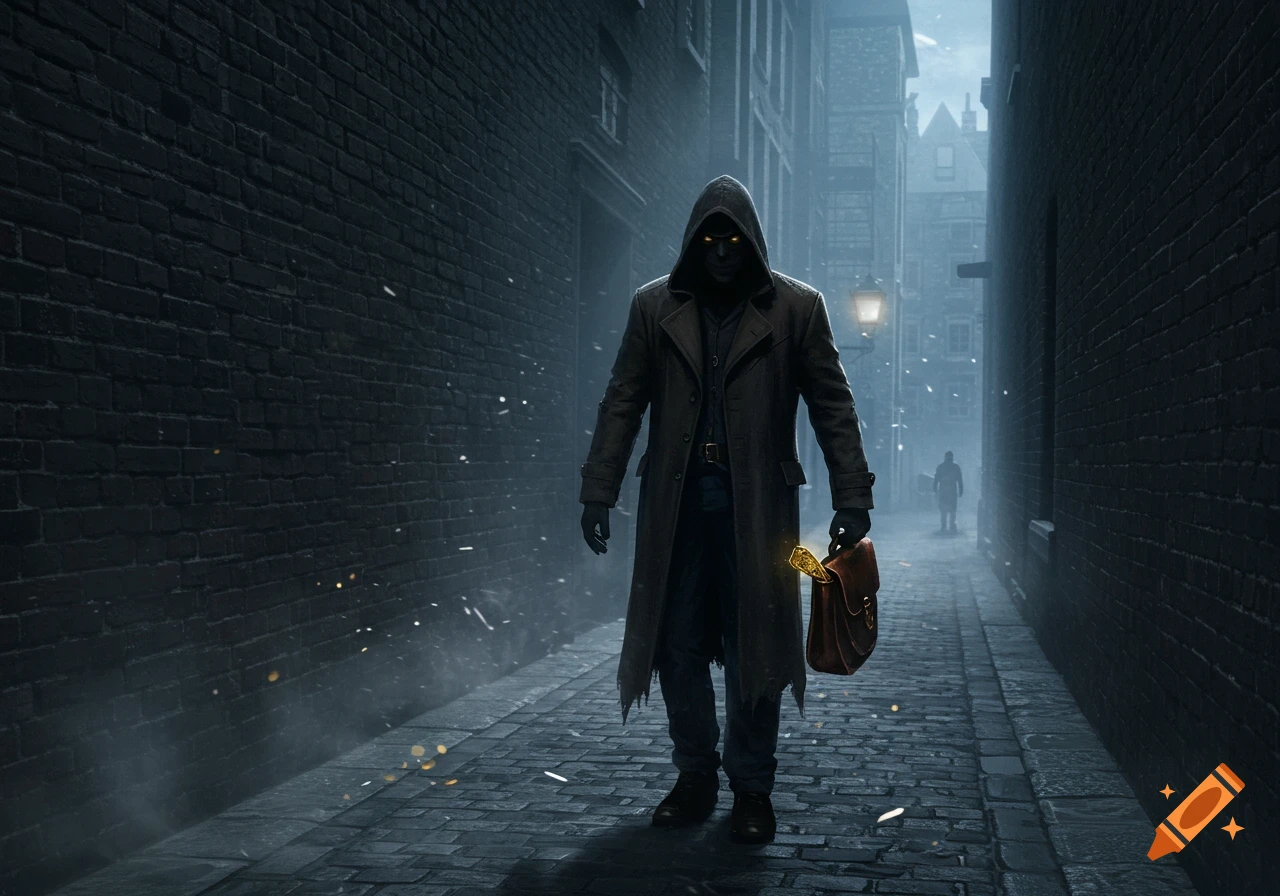 A mysterious hooded figure with glowing yellow eyes stands in a dark, misty cobblestone alley, holding a glowing object in a briefcase.