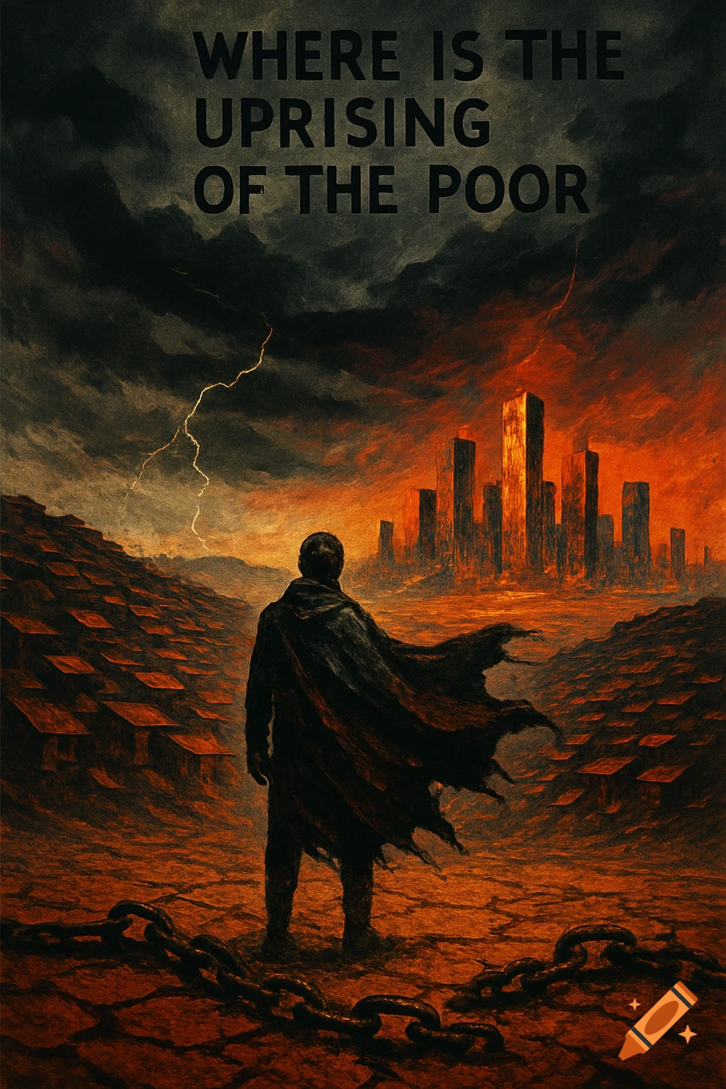 A cloaked figure faces a burning dystopian city under a stormy sky, chains on the ground. Text: 'WHERE IS THE UPRISING OF THE POOR'.