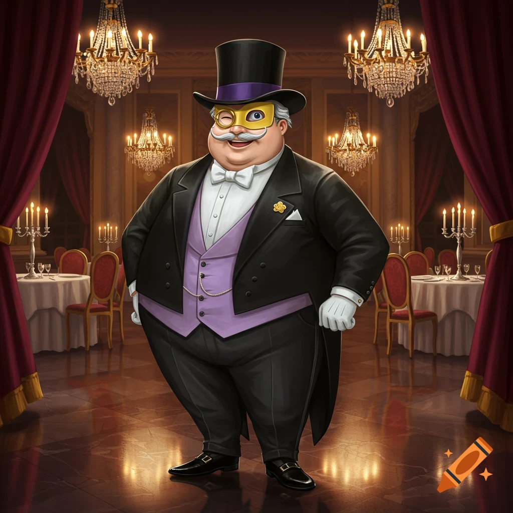 Jovial cartoon man in a black tuxedo, purple vest, top hat, and yellow masquerade mask in a grand ballroom.