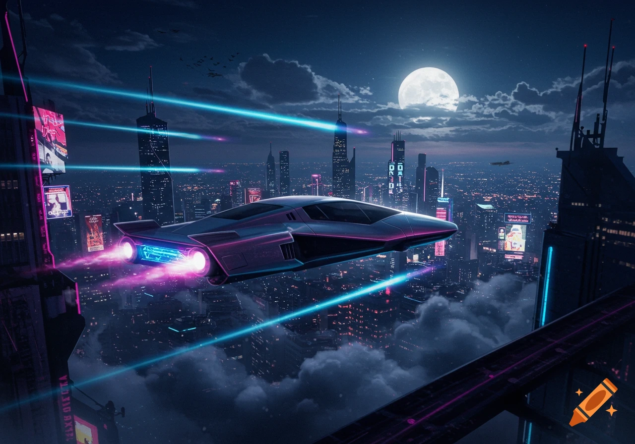 A futuristic flying car soars over a neon-lit cyberpunk city at night under a full moon.