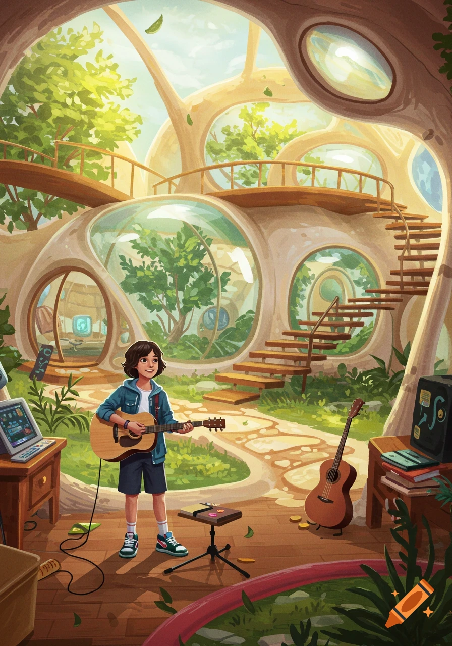 A student plays an acoustic guitar in a vibrant, futuristic nature-integrated home filled with plants and unique architecture.