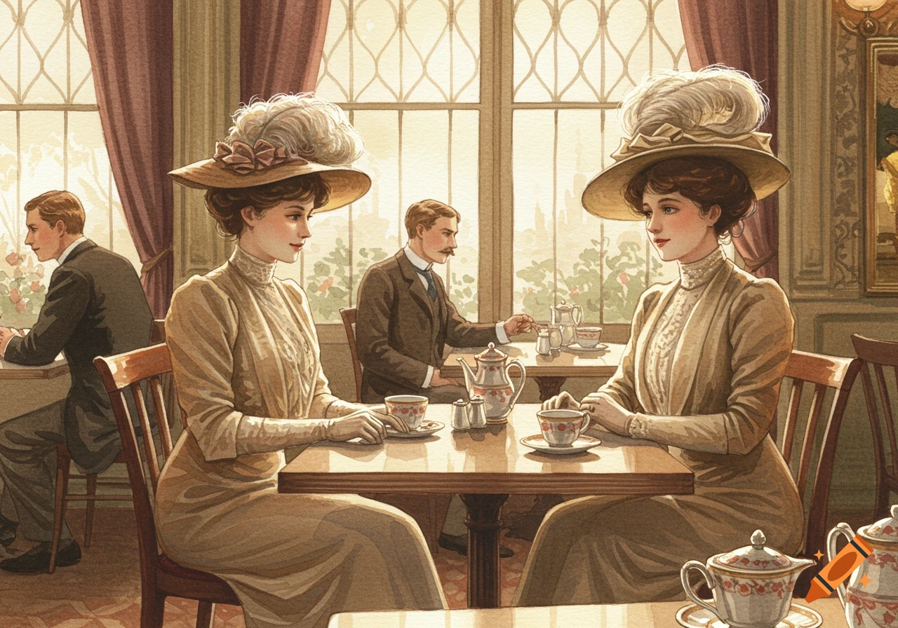 Watercolor of two women in large hats having tea in a 1900s restaurant, with men seated at other tables.