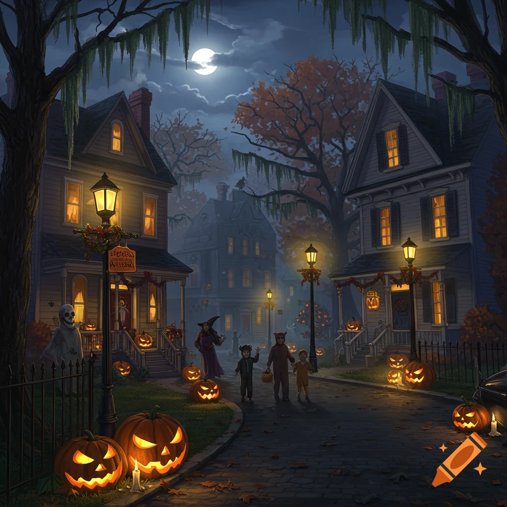 A spooky Halloween night street scene with children in costumes, glowing pumpkins, and decorated houses under a full moon.