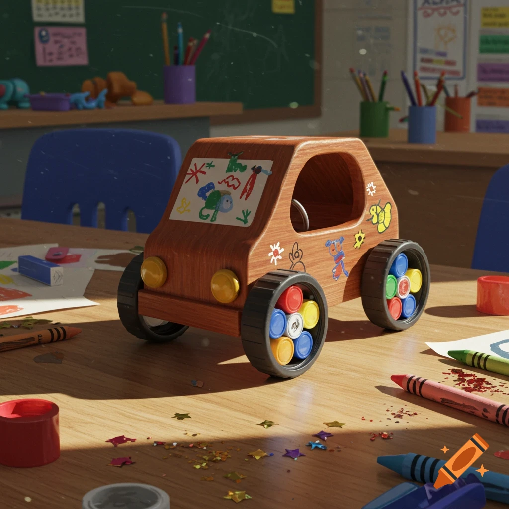 Photorealistic close-up of a child's wooden toy car made with colorful bottle cap wheels, sitting on a wooden classroom desk covered with crayons and glitter.