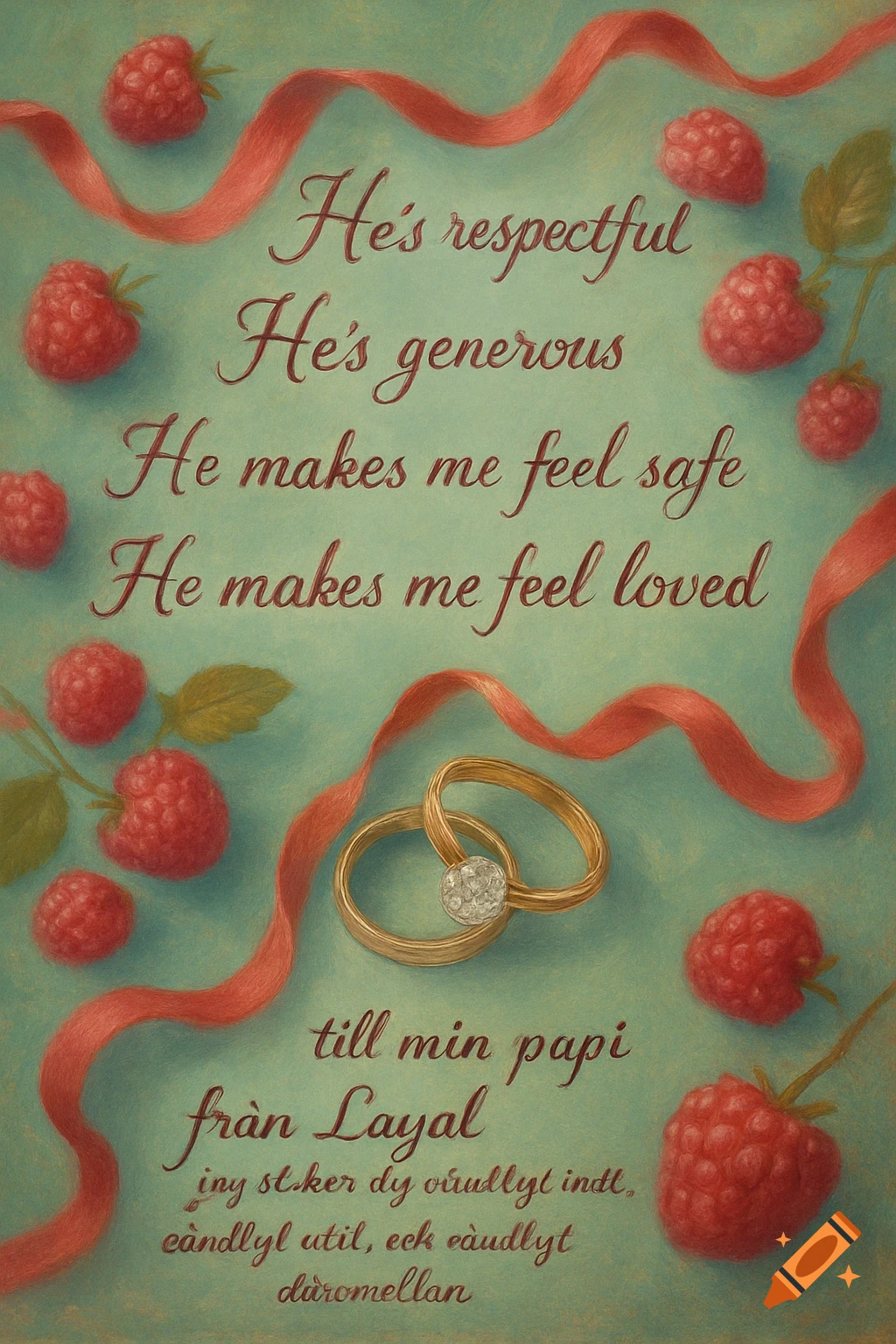 A painterly artwork with a turquoise background, scattered raspberries, flowing red ribbons, and engagement rings as the centerpiece, with calligraphy text.