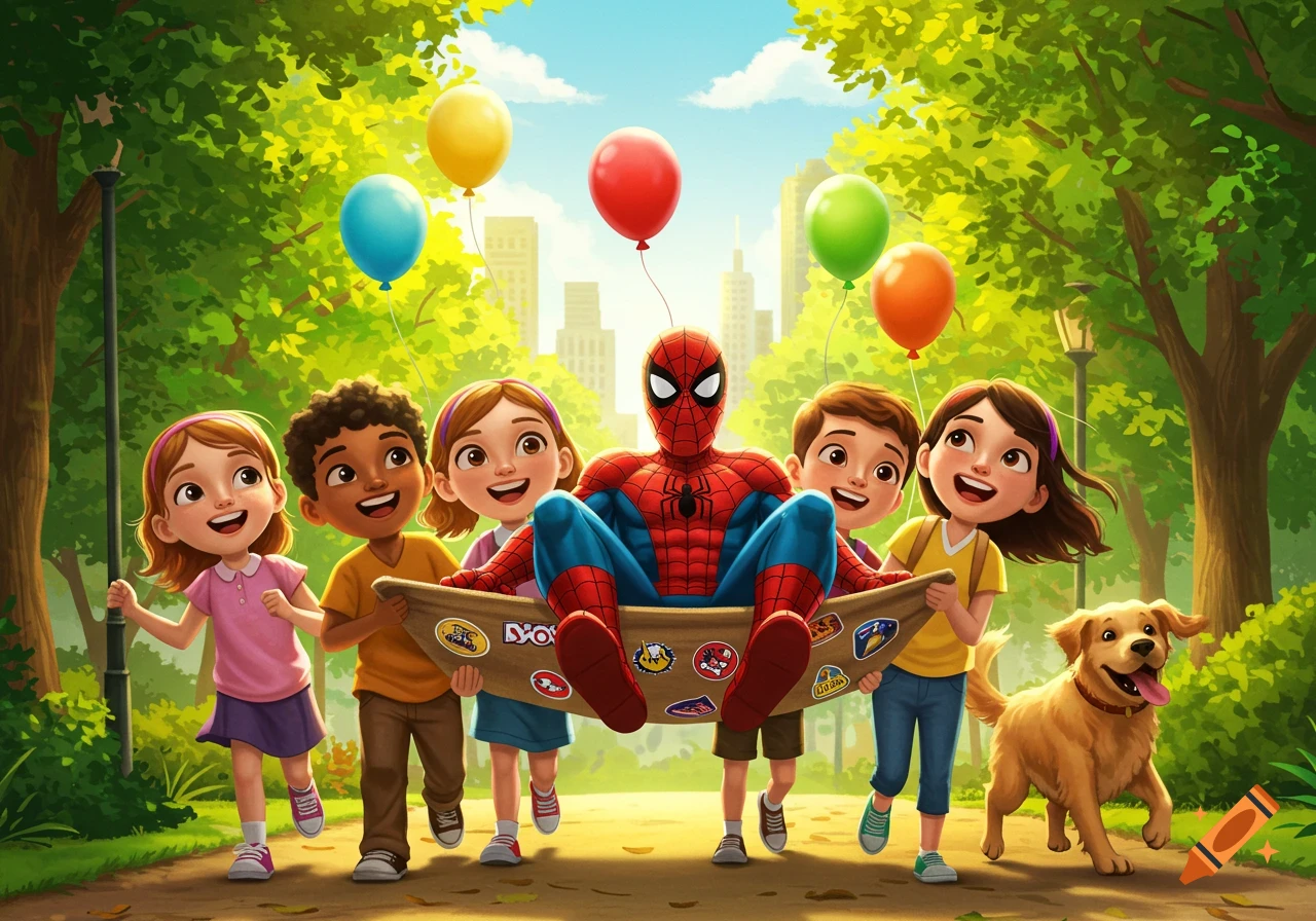 Spider-Man is carried in a sling by five smiling children and a golden retriever through a sunny park, in a cheerful cartoon illustration.