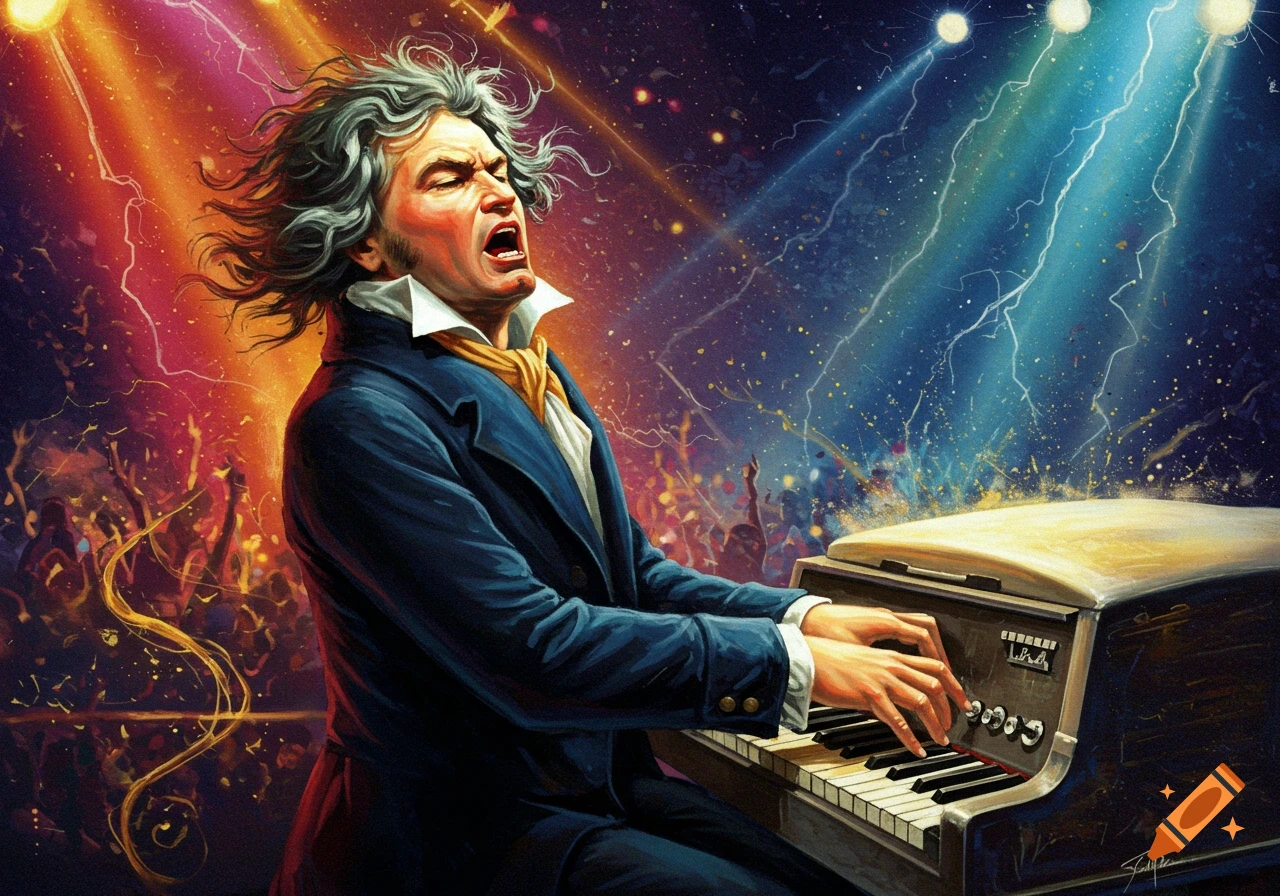 Ludwig von Beethoven passionately plays an electric piano on a vibrant, thunderous stage, with wild hair and a cheering crowd.
