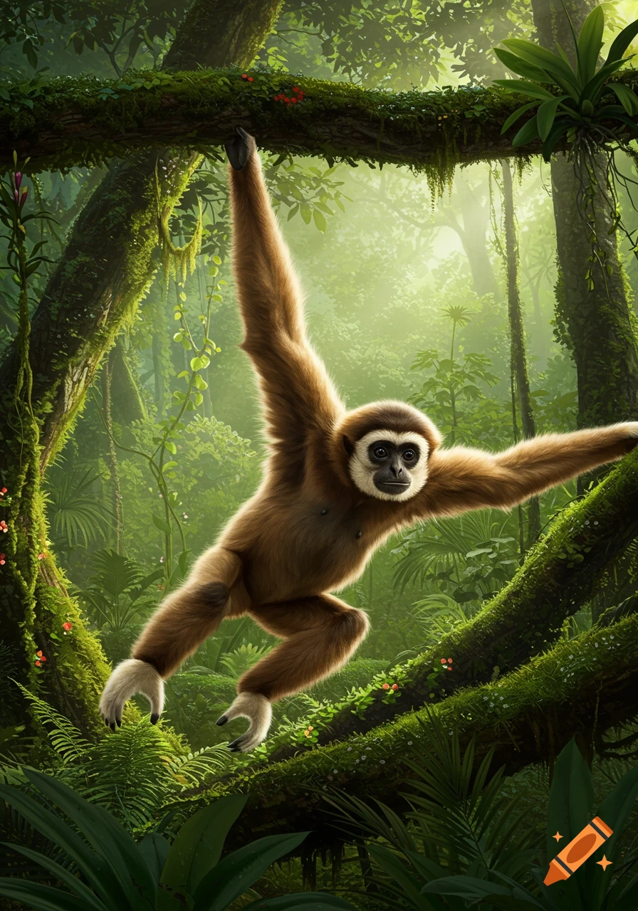 A realistic brown gibbon with white fur on its face and hands swings from a mossy tree branch in a lush green jungle.