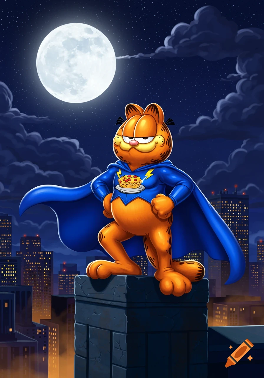 Cartoon Garfield superhero in a blue cape and lasagna emblem stands on a rooftop at night with a full moon and city skyline.