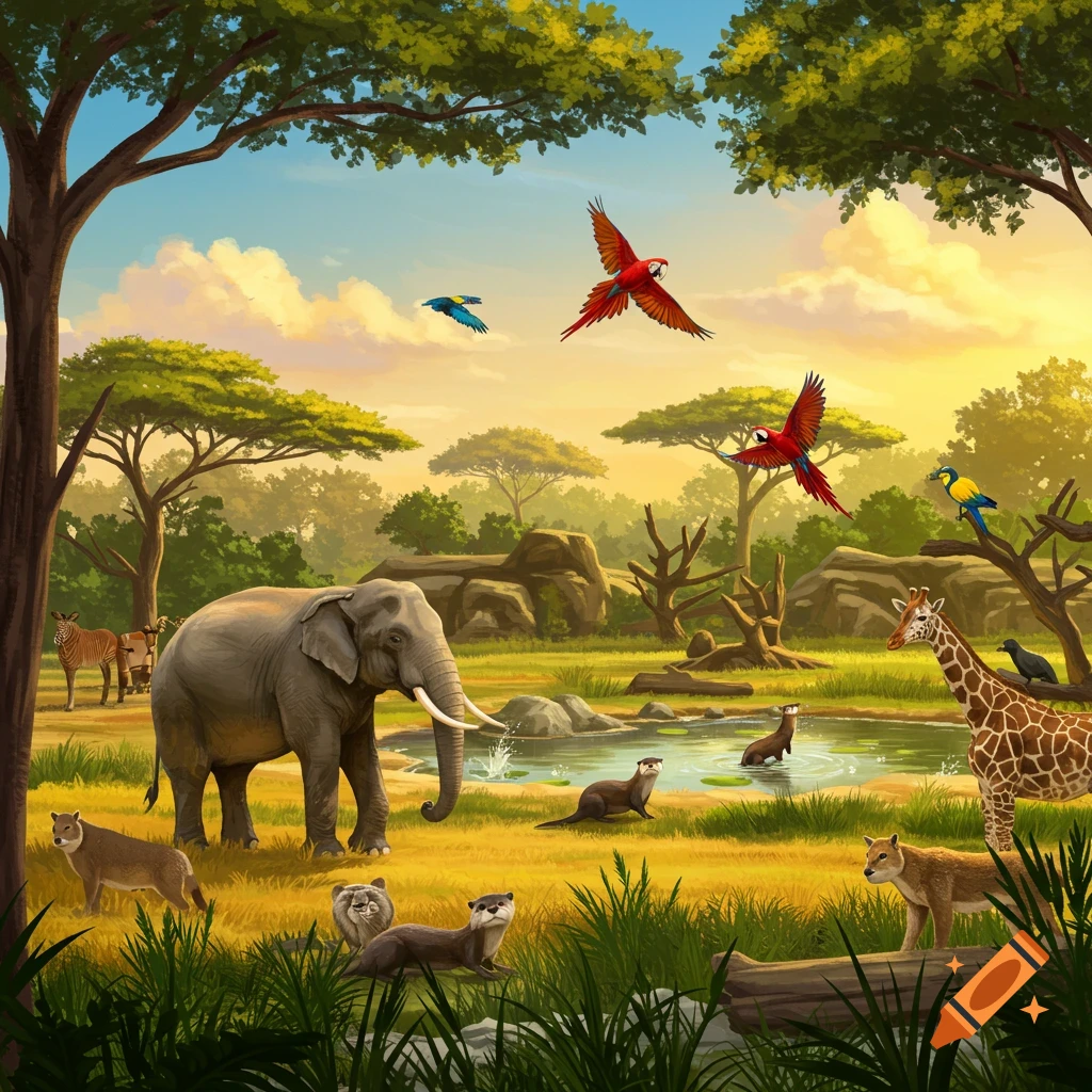 A vibrant illustration of an elephant, giraffe, otters, parrots, zebras, and other wild animals in a sunny savanna landscape with a pond and trees.