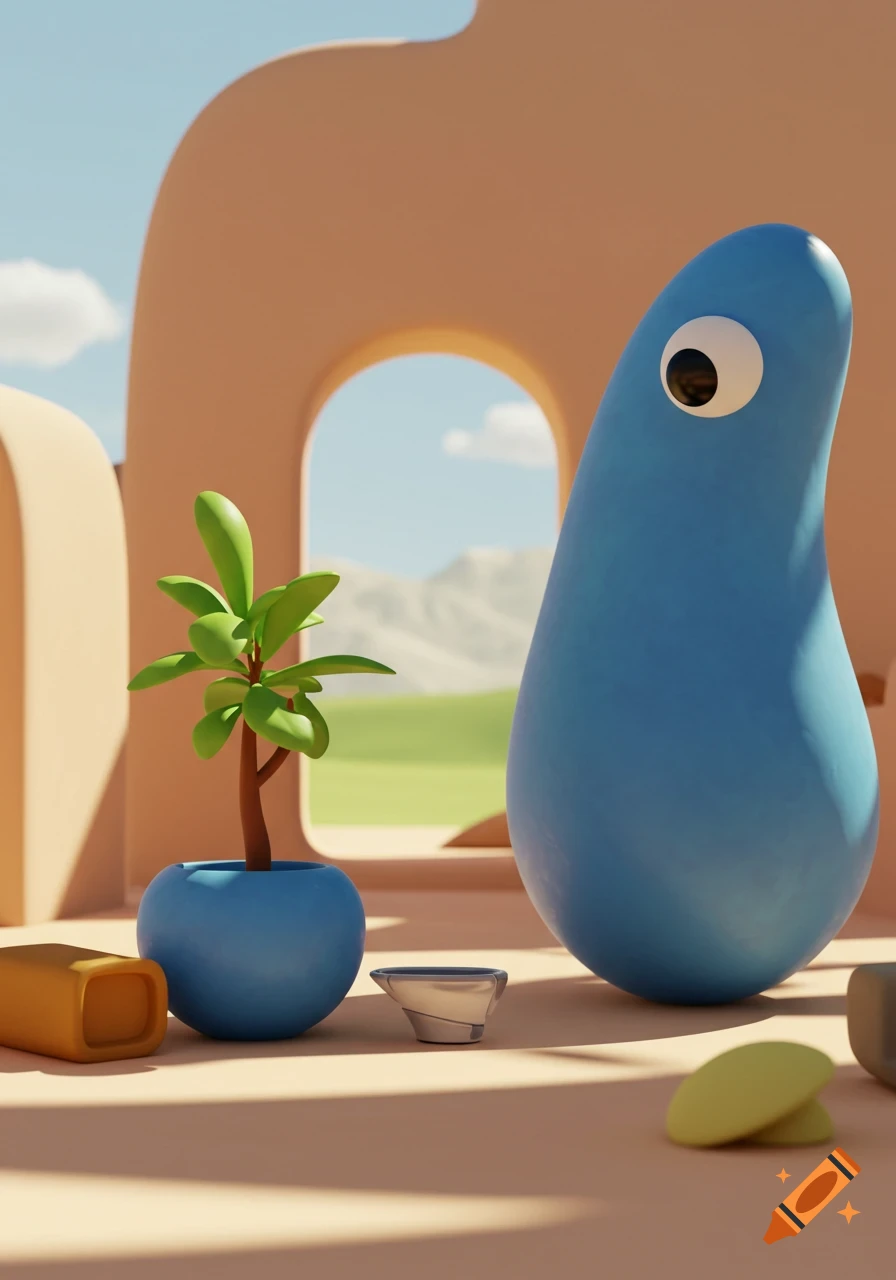 A whimsical 3D render of a blue, one-eyed, tear-drop creature and a potted plant in an abstract desert scene with peach arches.