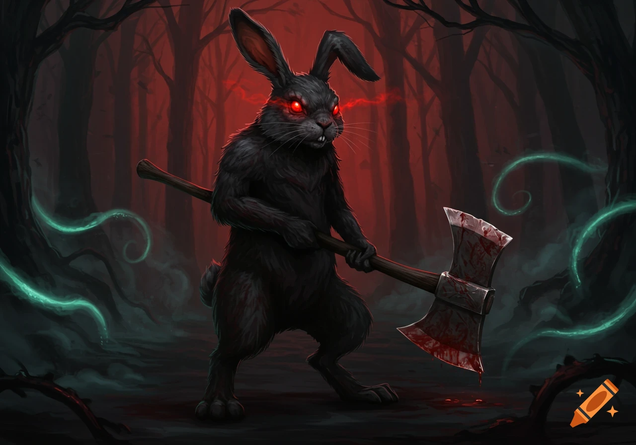 A terrifying black rabbit with glowing red eyes holds a bloody double-bladed axe in a dark, ominous forest with red lighting and green tendrils.