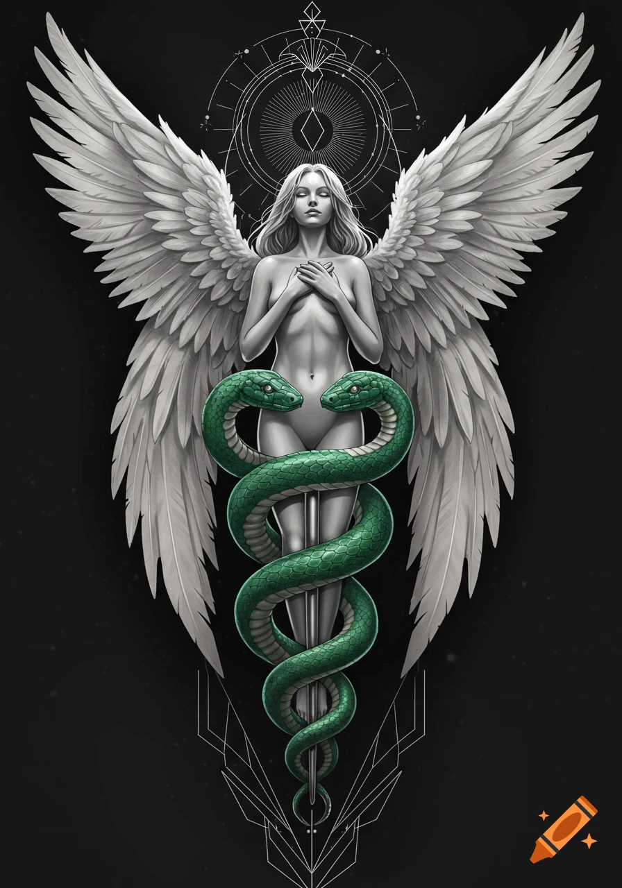 An angelic woman with large white wings covers her bare chest, two green serpents coiled around her body in a caduceus symbol on a dark background.