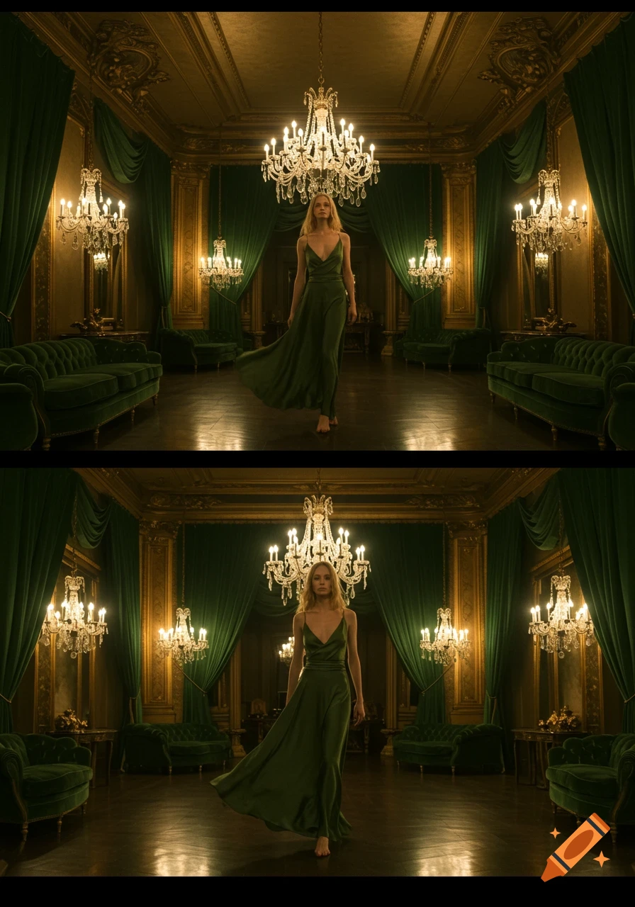 A woman in a flowing green dress walks barefoot in a grand, richly decorated room with green velvet sofas, drapes, and crystal chandeliers.