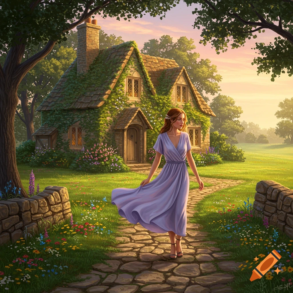 An illustrated woman in a lilac dress walks on a stone path past an ivy-covered cottage in a vibrant garden at sunset.