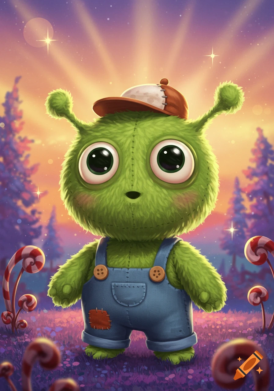 A whimsical illustration of a fluffy green alien with big eyes, wearing denim overalls and a baseball cap, standing in a field of purple flowers with candy cane plants under a vibrant sunset.