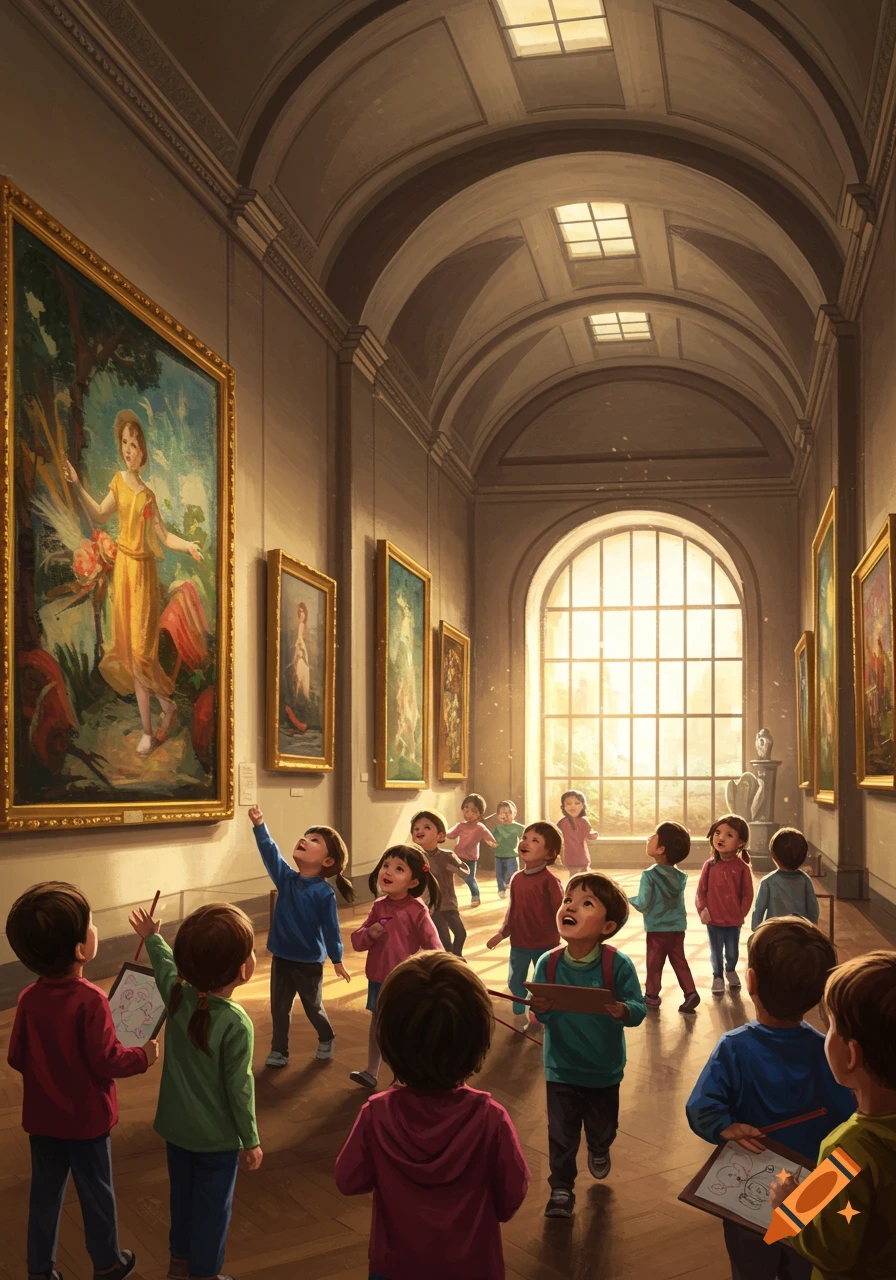 Kindergarten students exploring a long art museum gallery filled with classical paintings, bathed in golden light from a large window.