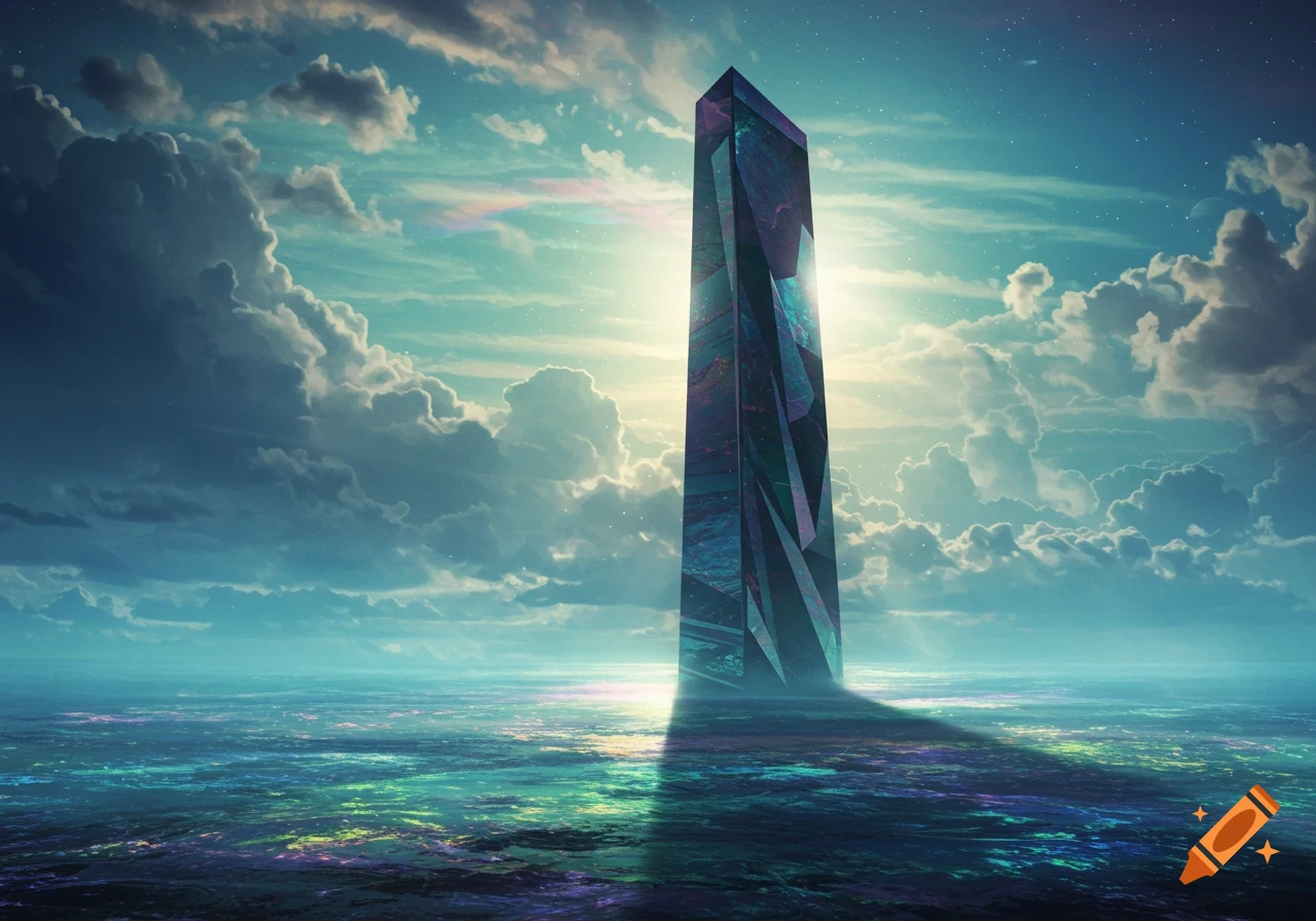 A tall, faceted abstract monolith stands in a shimmering blue and purple ocean under a dramatic cloudy sky with sun rays.