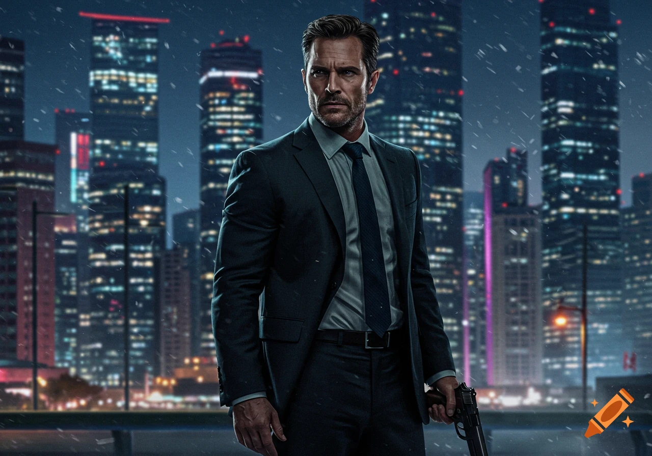 A rugged man in a business suit holding a pistol in a rainy city at night, with illuminated skyscrapers in the background.