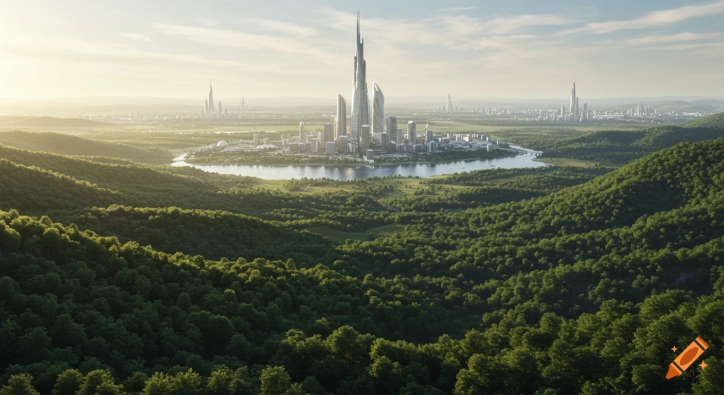 A futuristic city with towering skyscrapers on a river island, surrounded by lush green forests and rolling hills under a bright, hazy sky.