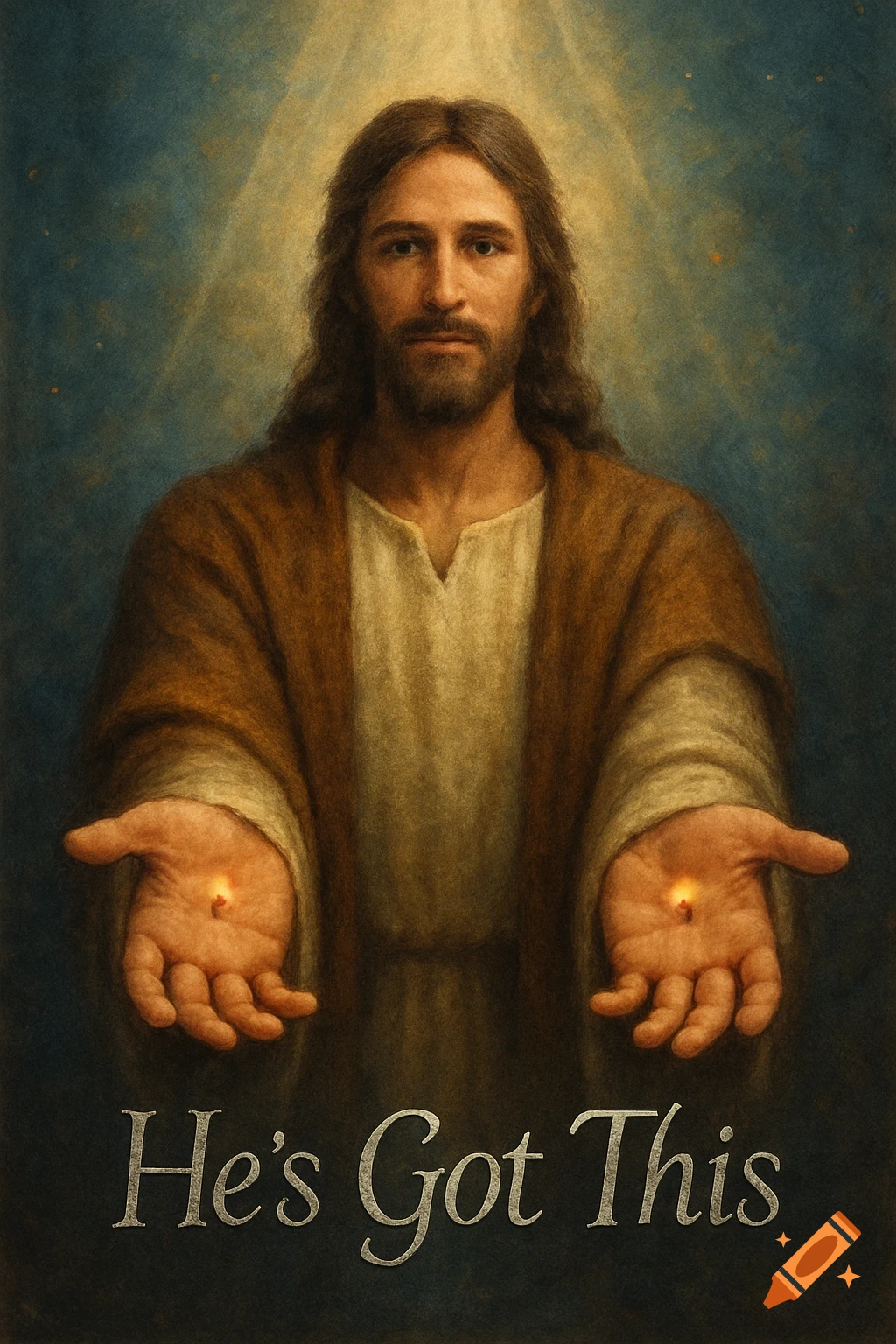 A painting of Jesus with long brown hair and a beard, wearing robes, holding out his open hands with glowing marks. Text reads 'He's Got This'.