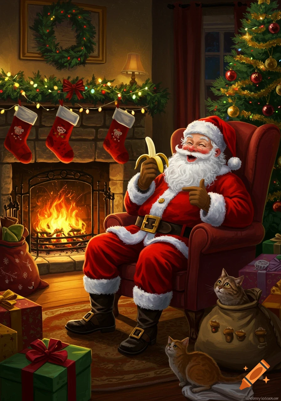 Jolly Santa Claus sits by a Christmas fireplace, eating a banana. Gifts and two cats are nearby in a festive illustration.