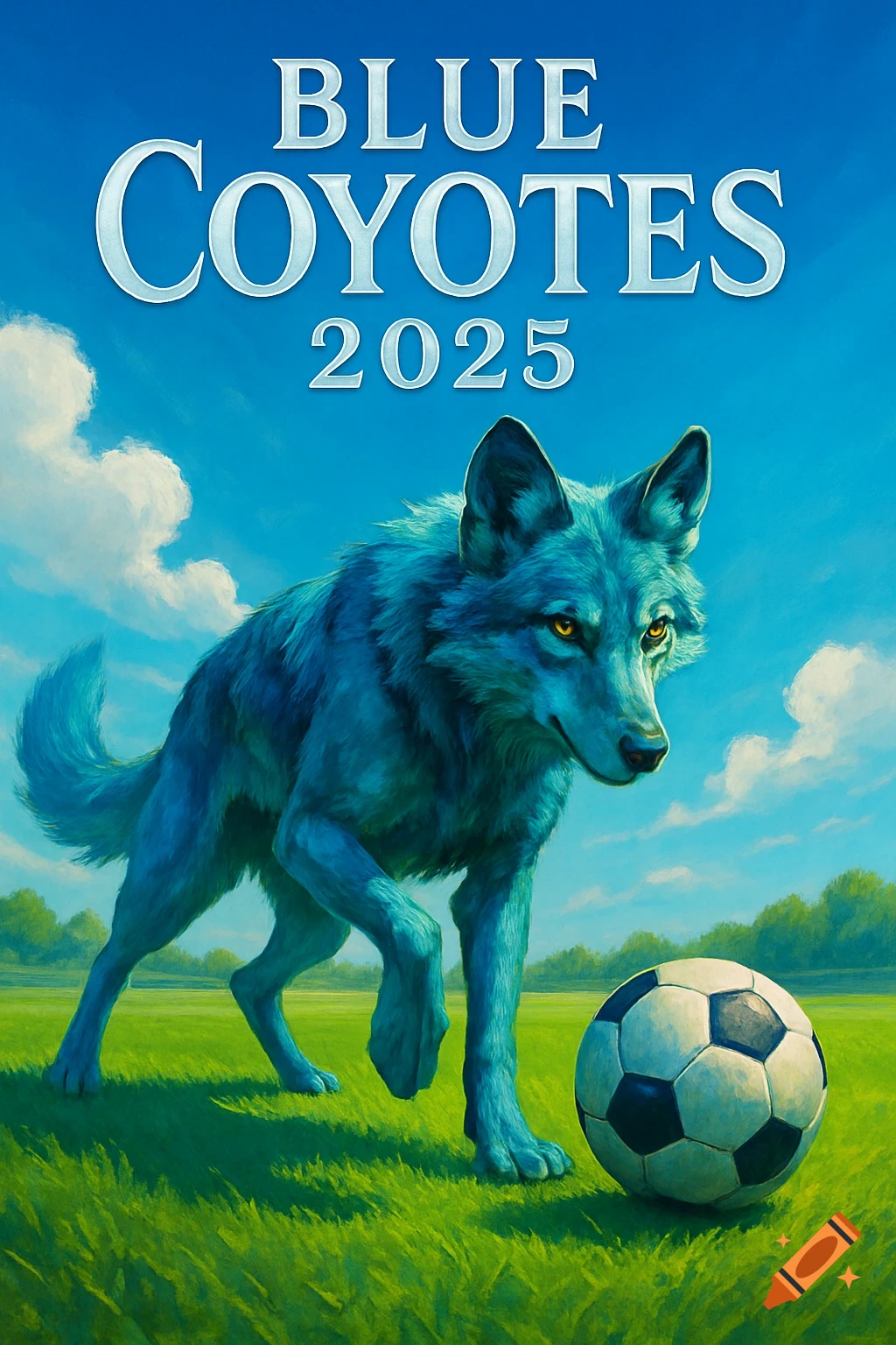 A vibrant blue coyote stands in a grassy field next to a soccer ball under a bright blue sky, with 'BLUE COYOTES 2025' text.