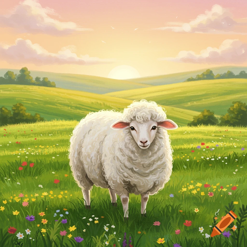 A fluffy white sheep stands in a vibrant green meadow filled with colorful wildflowers under a sunrise sky, in an illustration style.