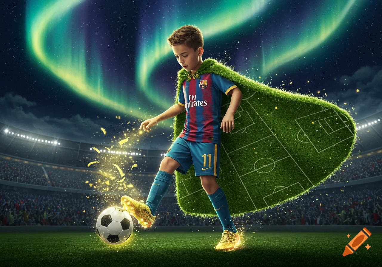 A young boy in a soccer uniform and a grass cape dribbles a glowing soccer ball on a stadium field under an aurora-lit night sky.